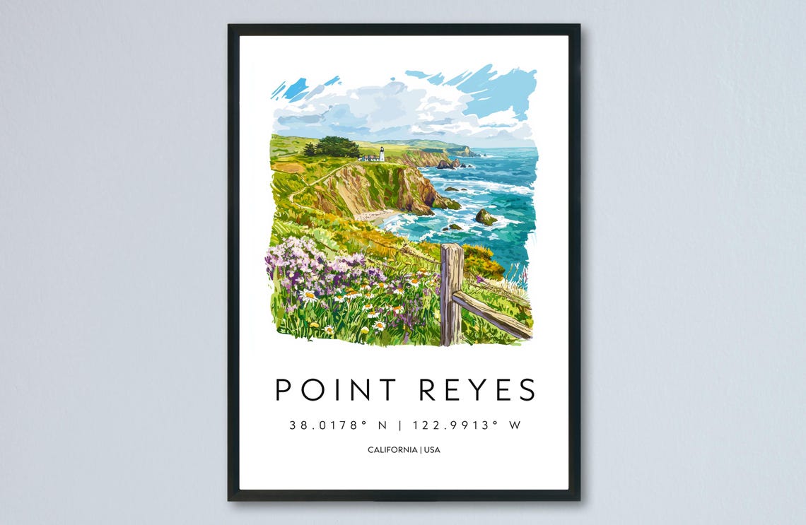 Point Reyes California Lighthouse Coast Watercolor Travel Poster