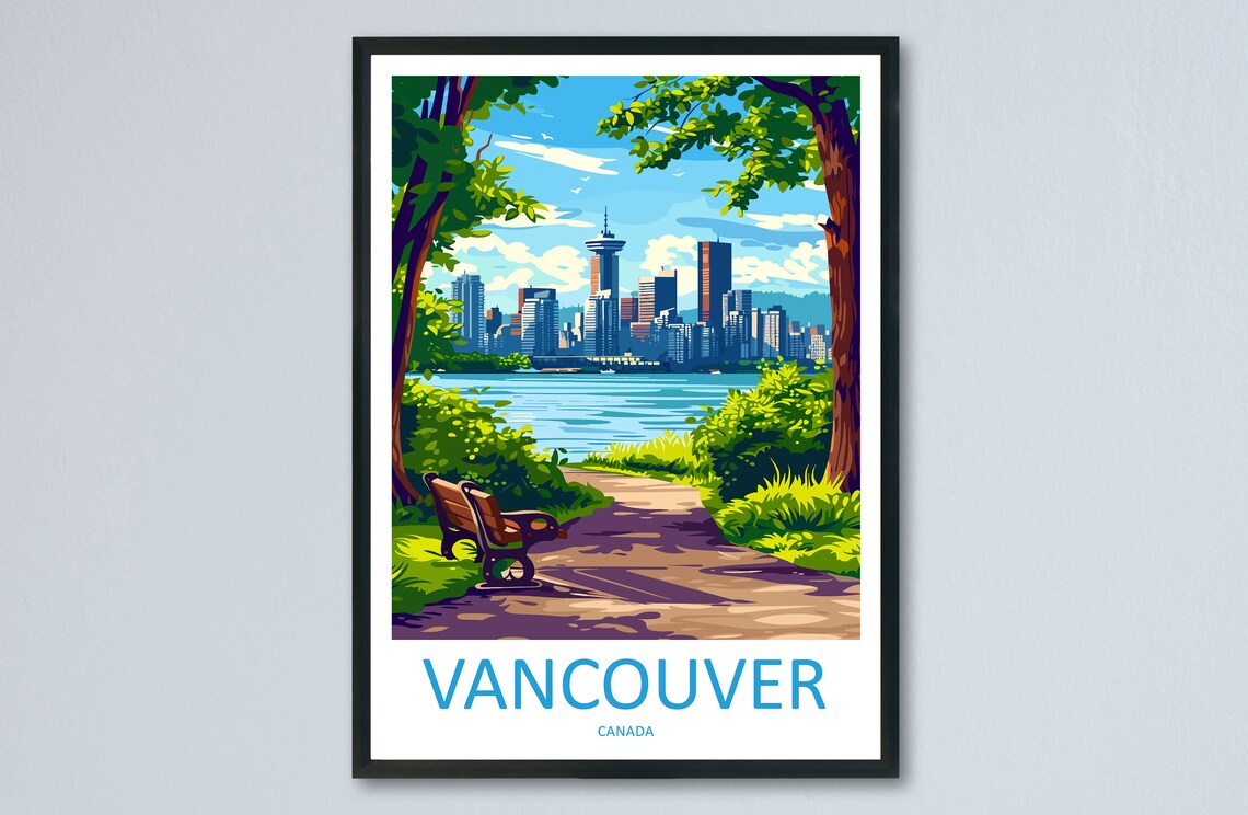 Vancouver Canada Park Bench Skyline Waterfront Travel Poster