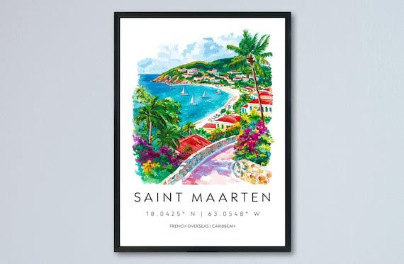 Saint Maarten Caribbean Coastline Sailboats Tropical Watercolor Poster
