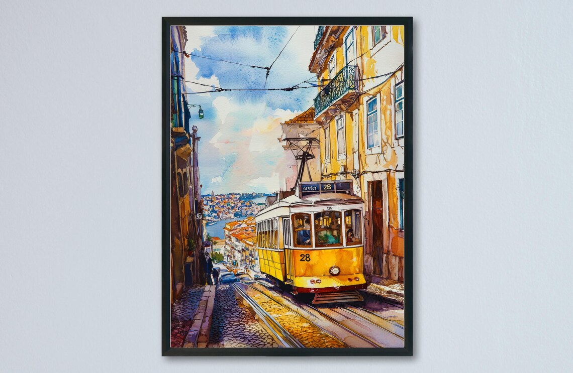 Lisbon Tram 28 Cobblestone Street City Watercolor Travel Poster