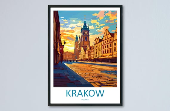 Krakow Old Town Square Town Hall Tower Sunset Poland Travel Poster