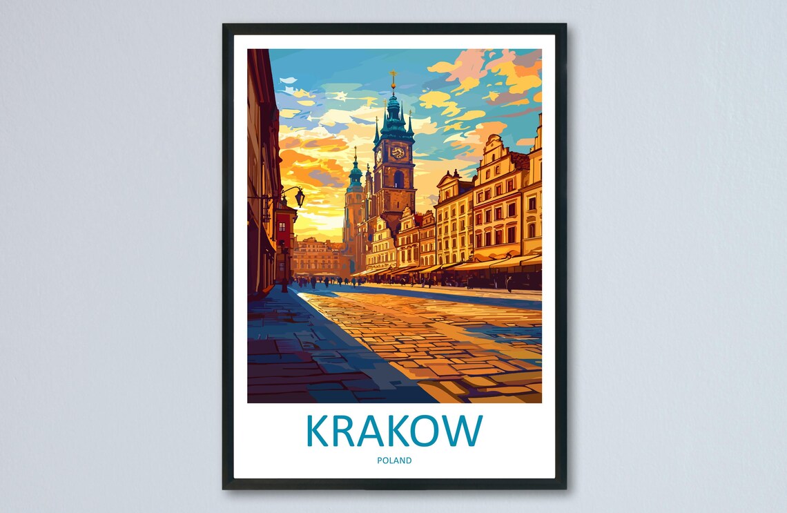 Krakow Old Town Square Town Hall Tower Sunset Poland Travel Poster