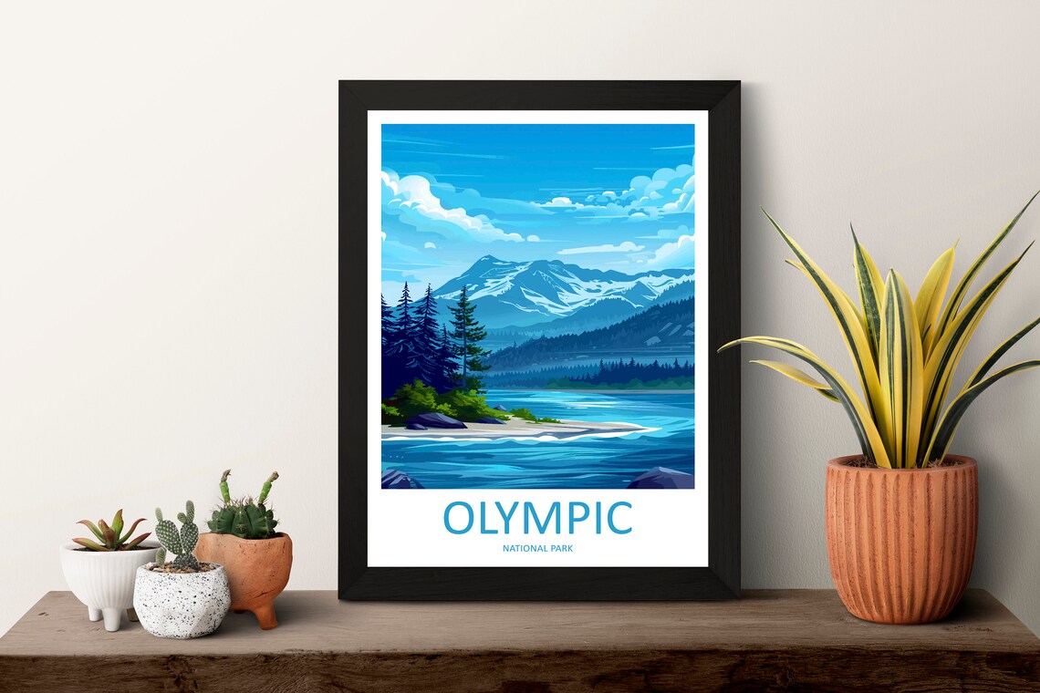 Olympic National Park Snowy Peaks River Washington Art Poster - Image 2