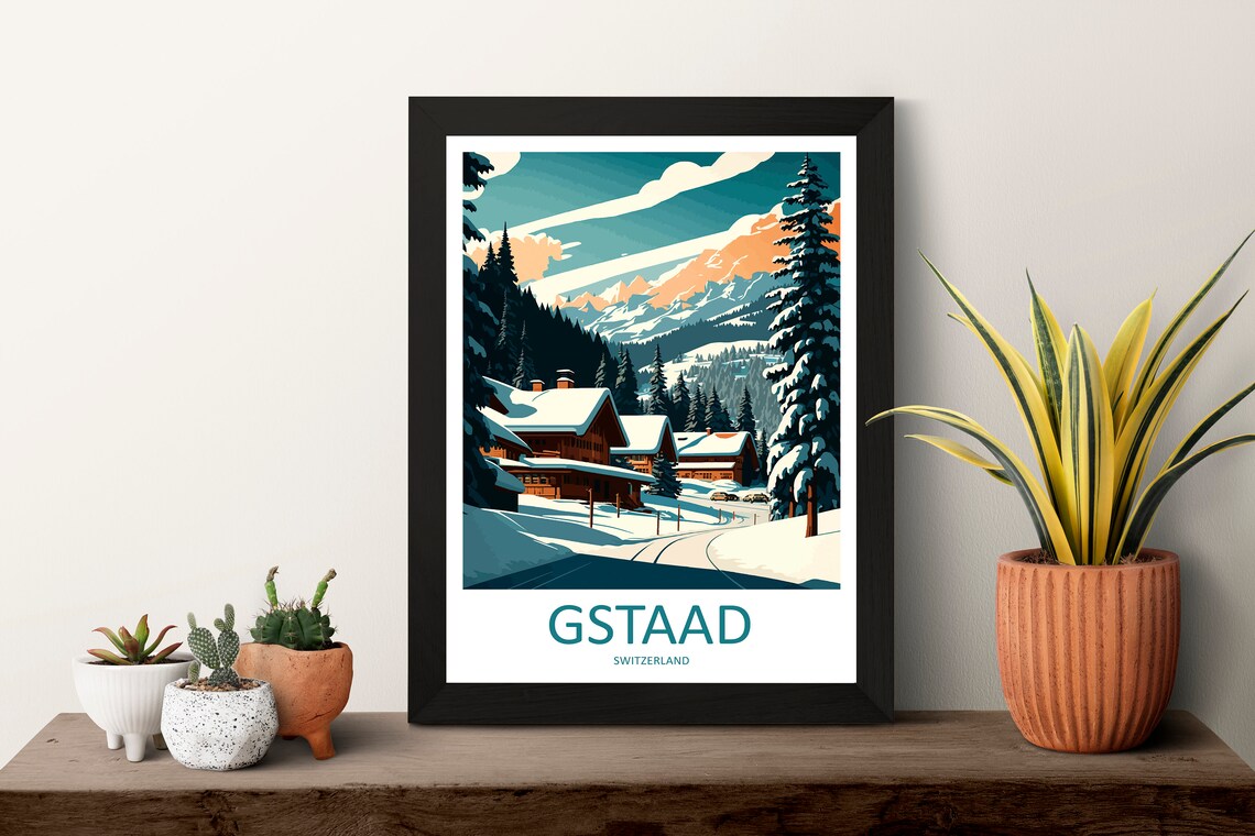 Gstaad Swiss Chalet Village Snowy Alpine Peaks Winter Travel Poster - Image 3