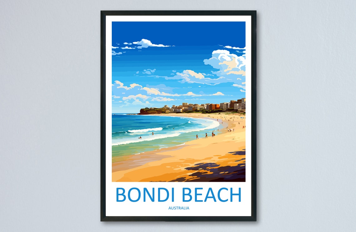 Bondi Beach Sunny Curved Surf Bay With Swimmers and Headland Poster