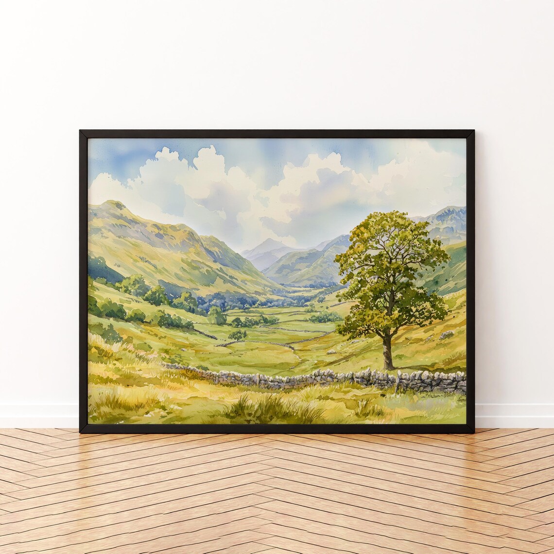 Eskdale England Valley Watercolor Poster Lone Tree Stone Wall Scenic