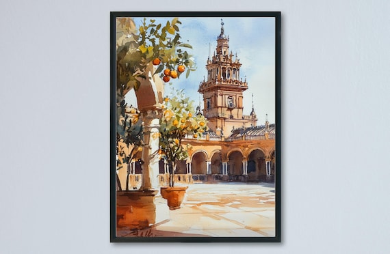 Seville Plaza de Espana Orange Trees Sunny Square Watercolor Poster