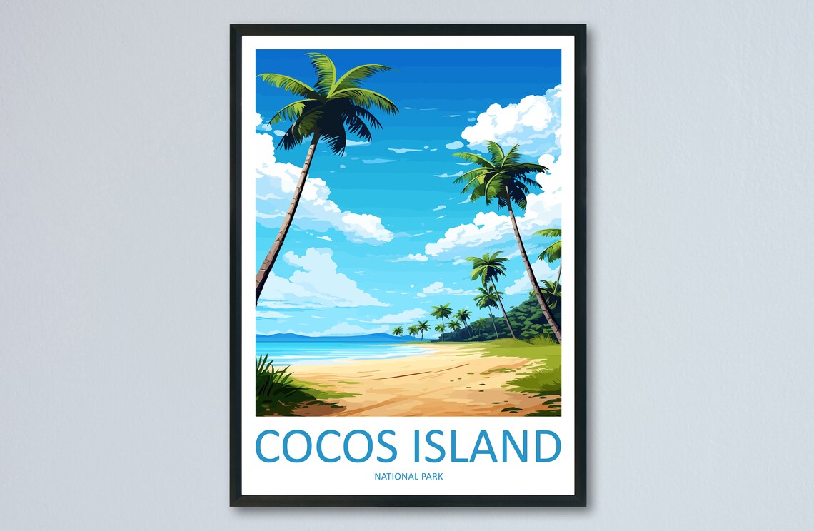Cocos Island National Park Beach Palms Vintage Travel Poster