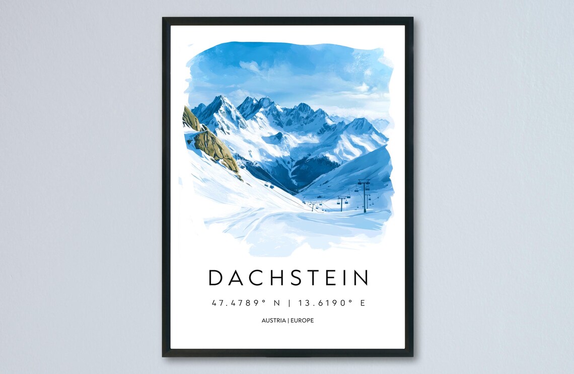 Dachstein Austria Snowy Mountain Peaks Ski Watercolor Travel Poster