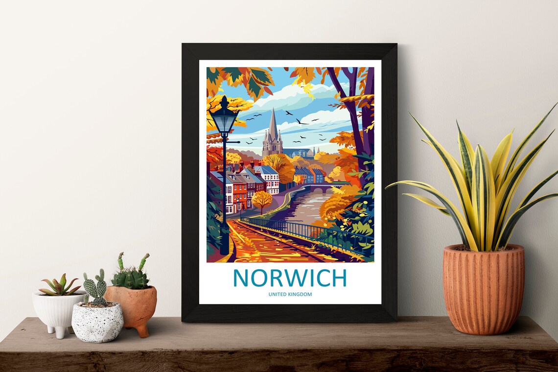 Norwich England Autumn Riverside Church Spire Streetscape Poster - Image 3