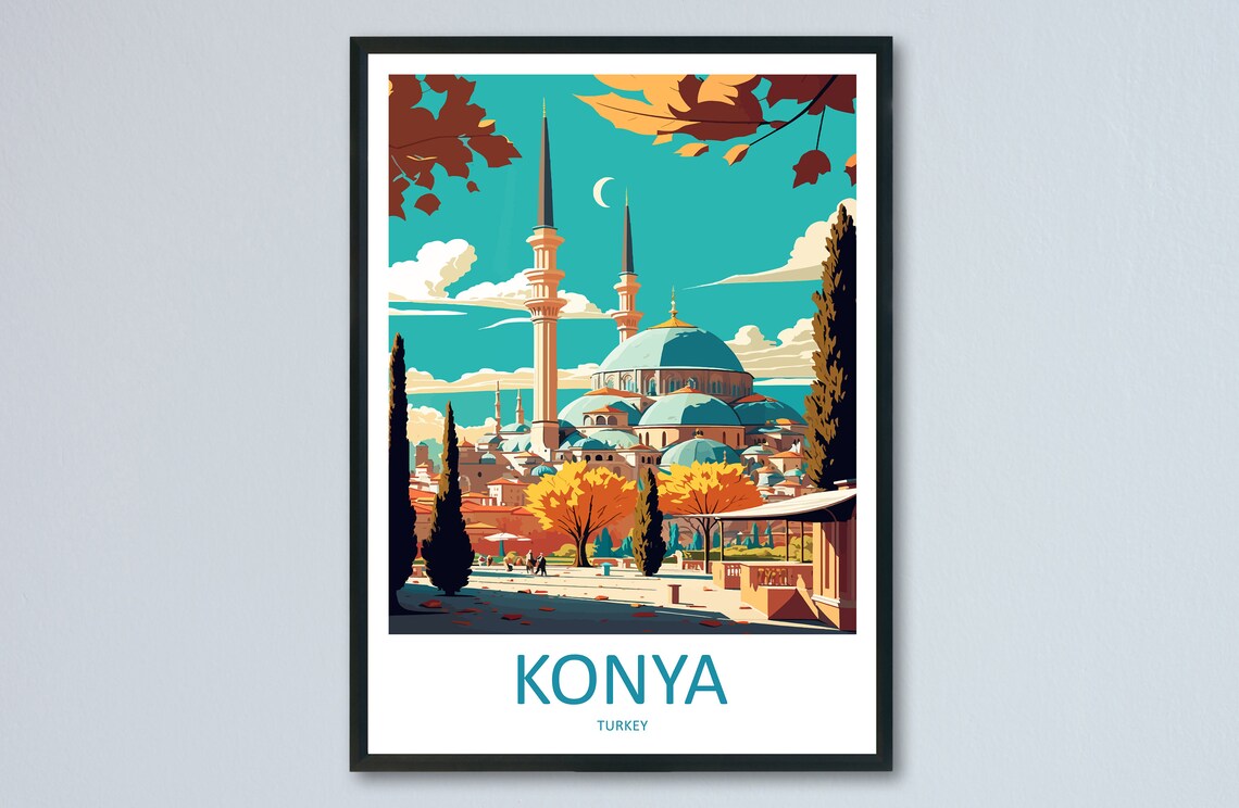 Konya Mosque With Twin Minarets Under Crescent Moon Travel Poster