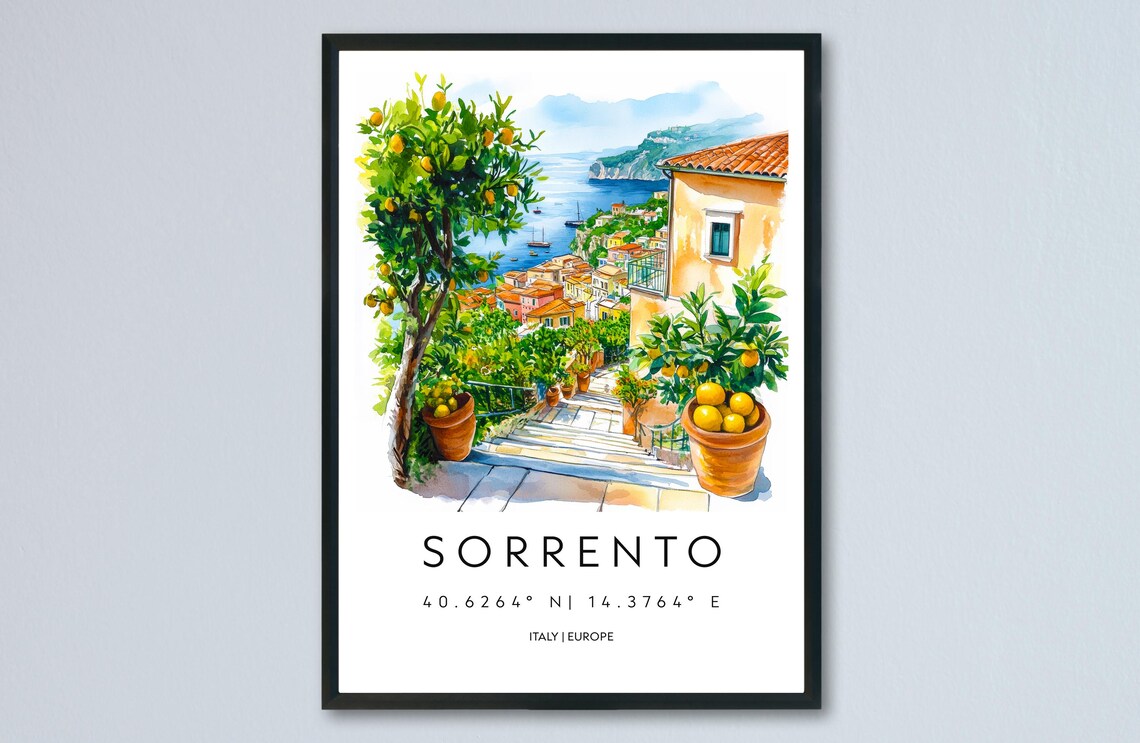 Sorrento Lemon Coast Watercolor Italian Seaside Travel Poster