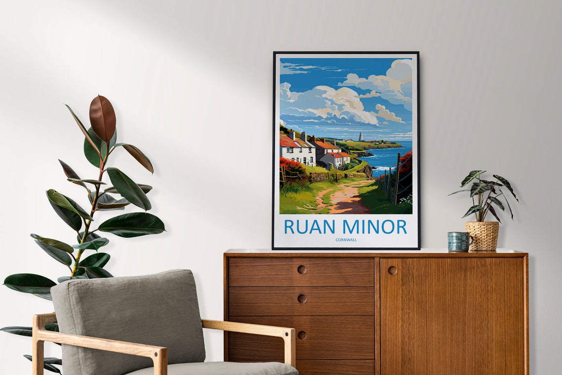Ruan Minor Cornwall Cliffside Cottages Coastal Travel Poster - Image 2