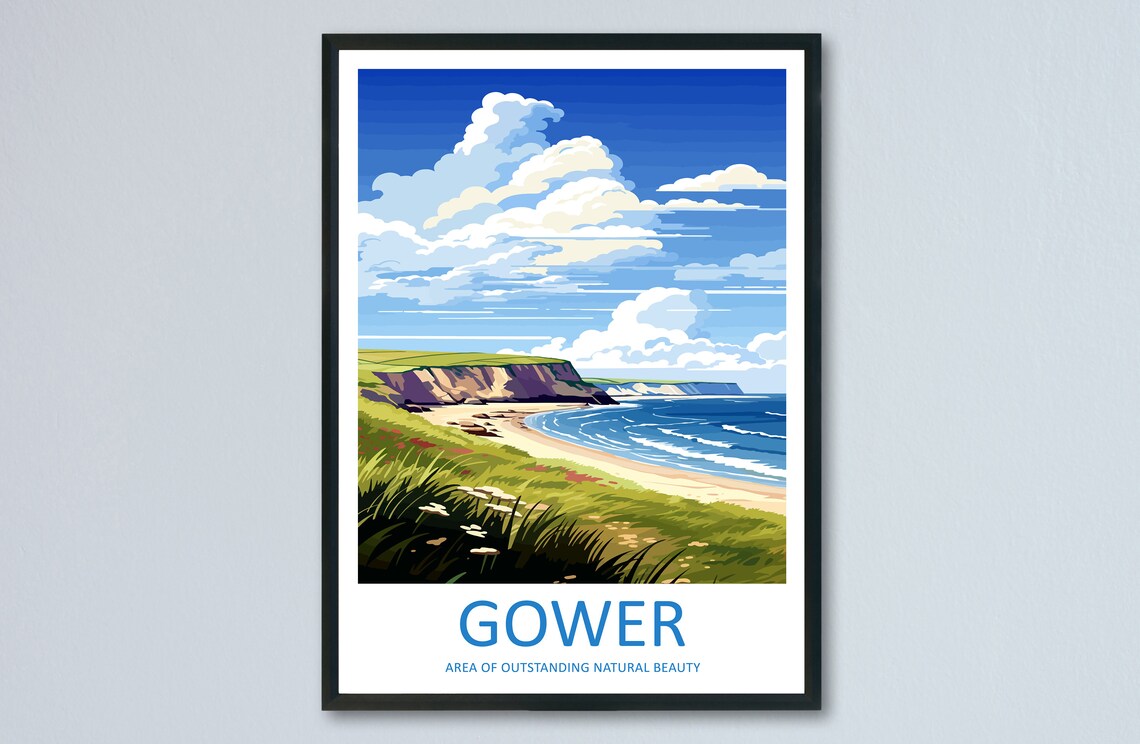 Gower Peninsula Travel Poster, UK Coastal Place