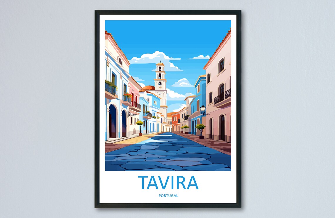 Tavira Portugal Colorful Old Town Street With Bell Tower Poster