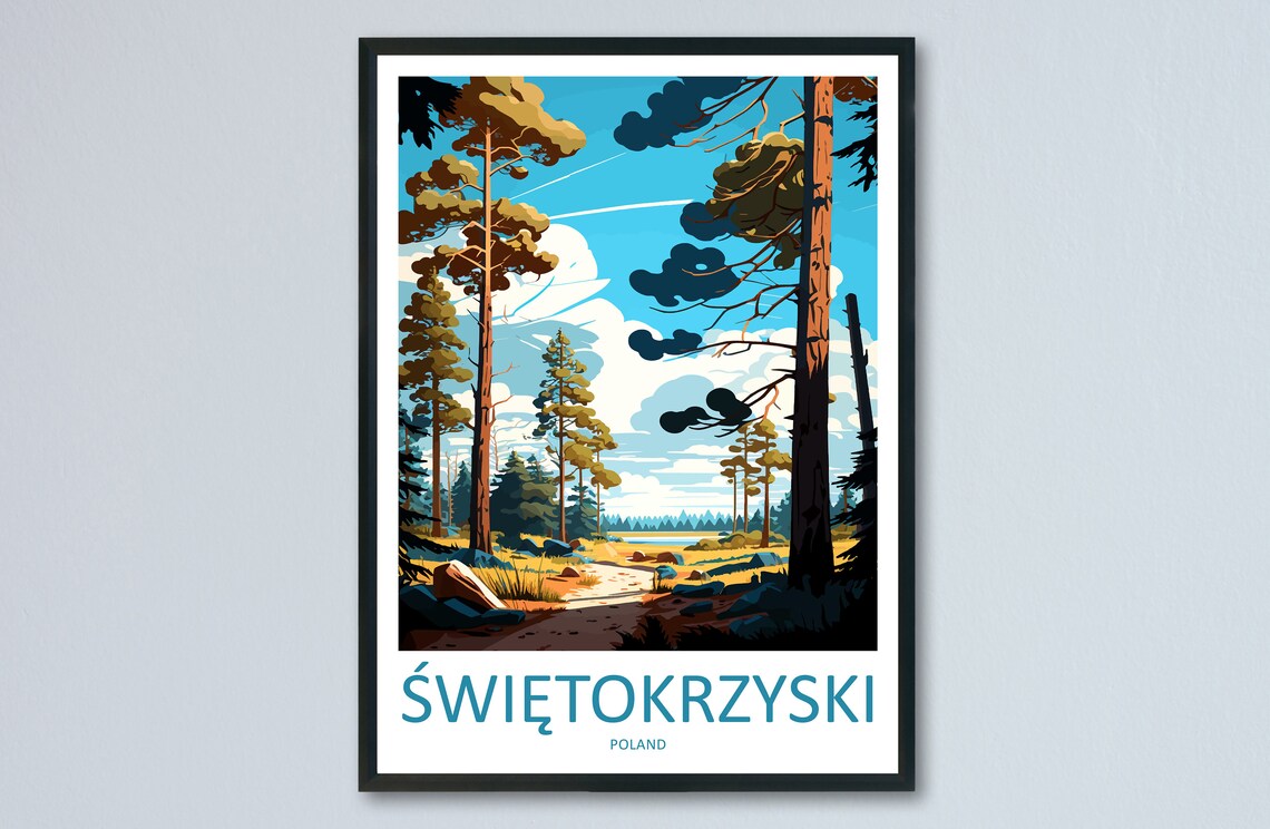 Swietokrzyski Poland Towering Pine Forest Trail Retro Travel Poster
