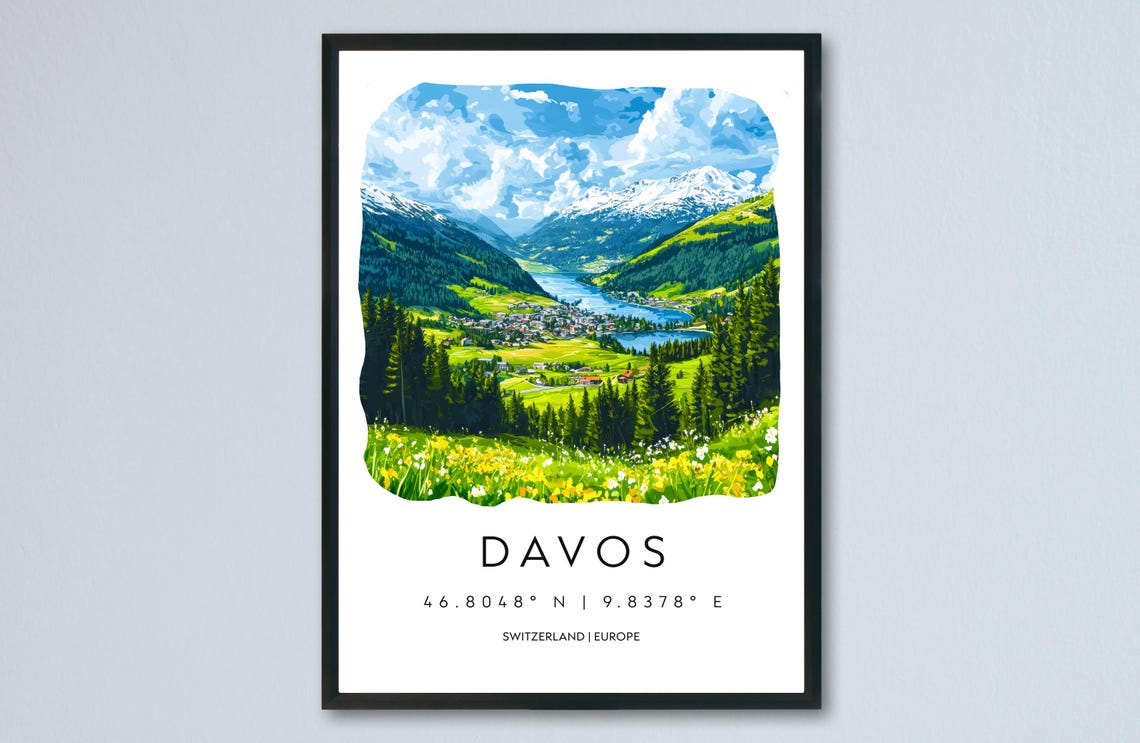 Davos Alpine Valley Wildflower Meadow Watercolor Switzerland Poster