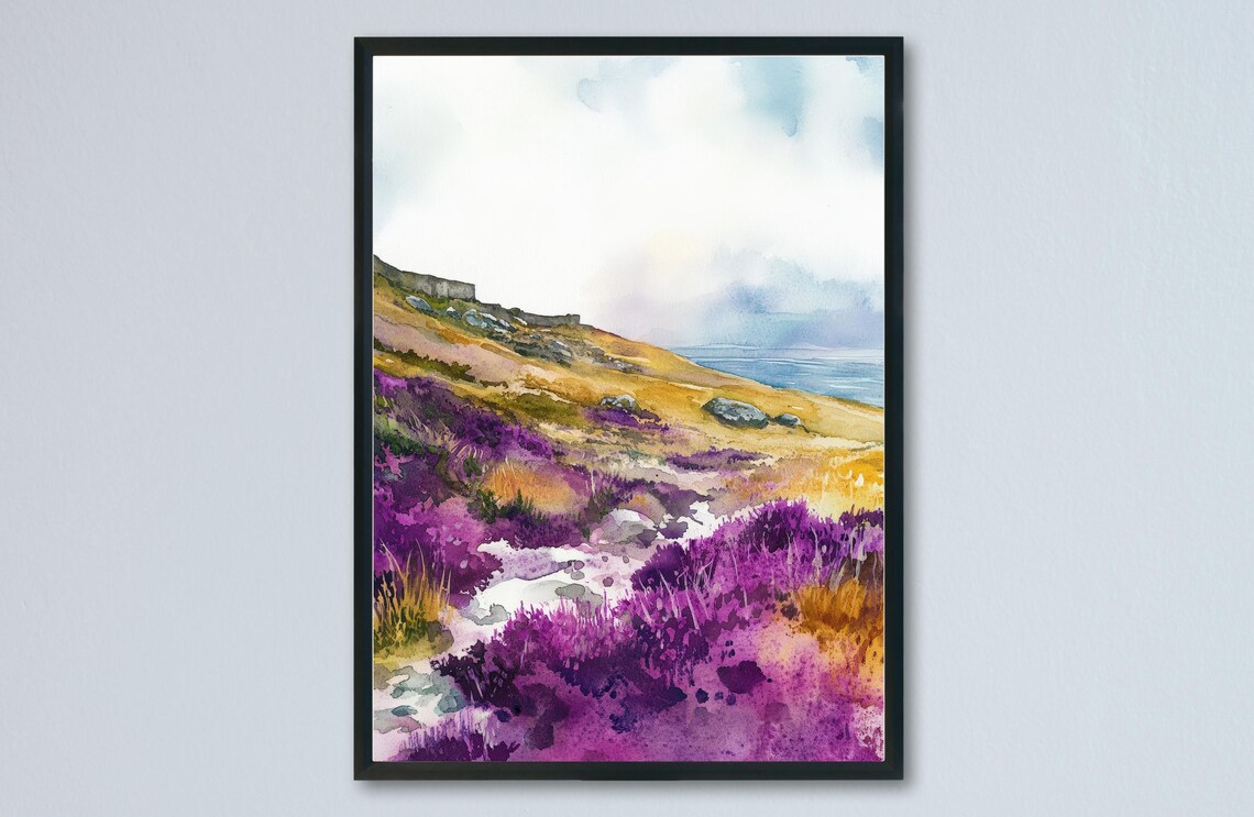 Zennor Purple Heather Moor Rugged Cornish Coast Watercolor Poster