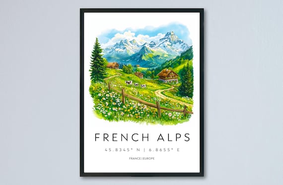 French Alps Mountain Chalet Watercolor Travel Scenic Art Poster