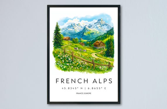 French Alps Watercolor Poster Travel Print France Wall Art Decor Mountain Scene Ski View Snowy Landscape Nature
