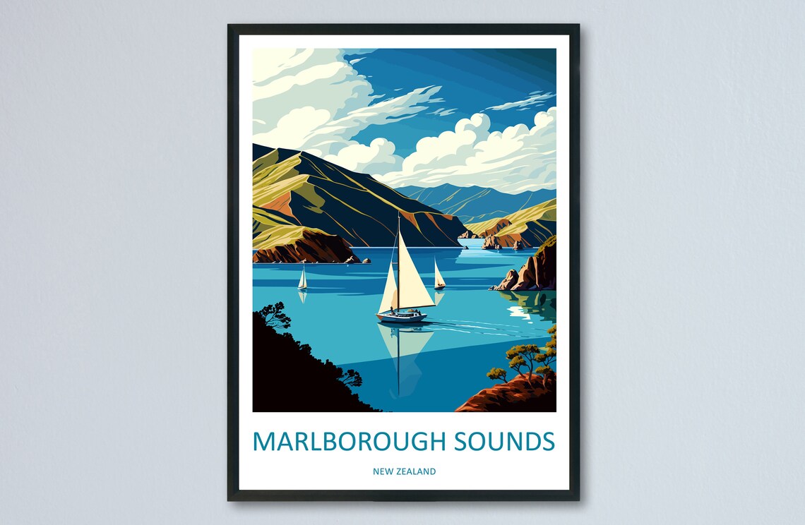 Marlborough Sounds New Zealand Travel Poster Sailing Boats Fjord View