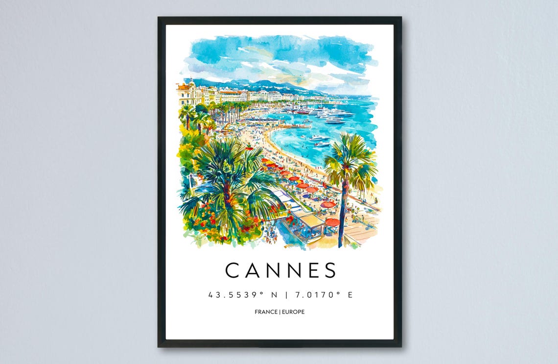 Cannes Watercolor Poster Travel Print France Wall Art Decor Riviera Scene Beach View French Coast City Landscape