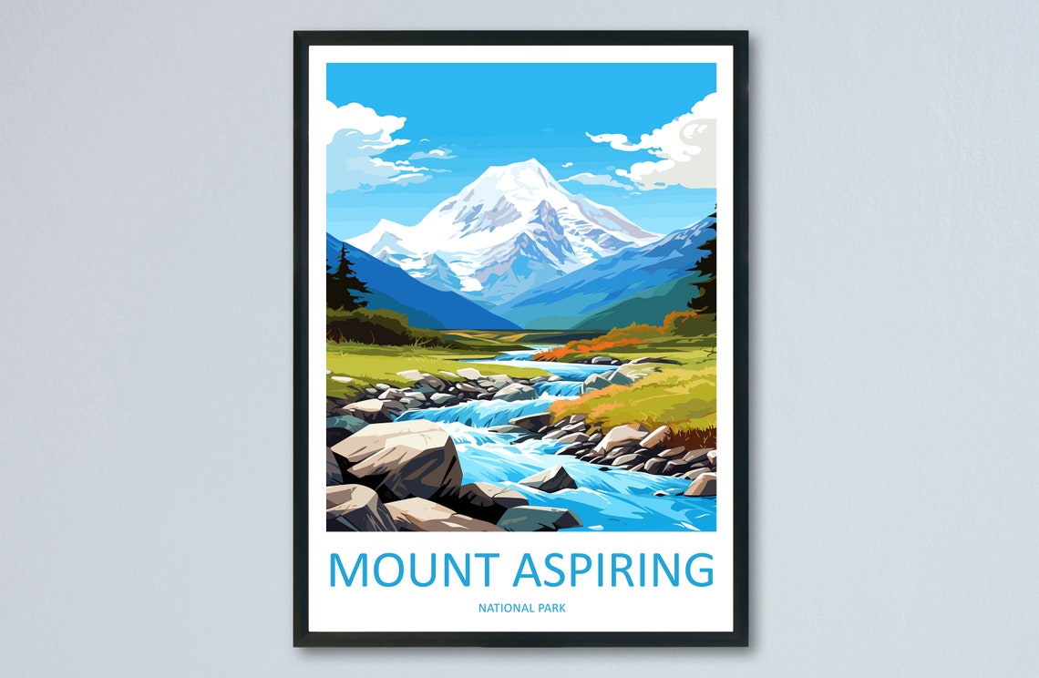 Rocky Rapids Below Snowcapped Mount Aspiring National Park Poster