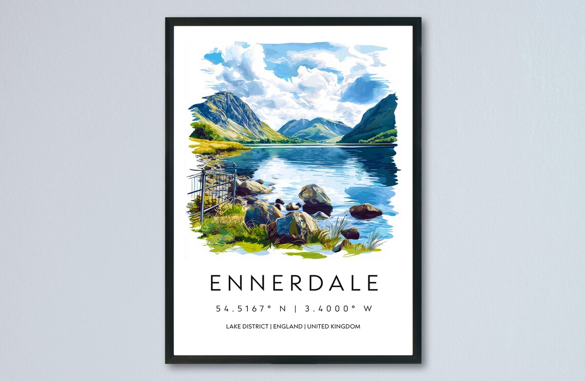 Ennerdale Lake District Watercolor Still Lake Peak Art Travel Print