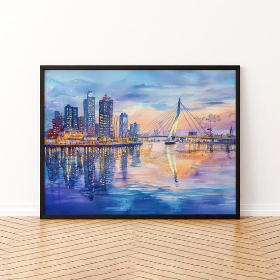 Rotterdam Netherlands Watercolor Poster Travel Print Cityscape Painting Modern Architecture Wall Art Europe Souvenir