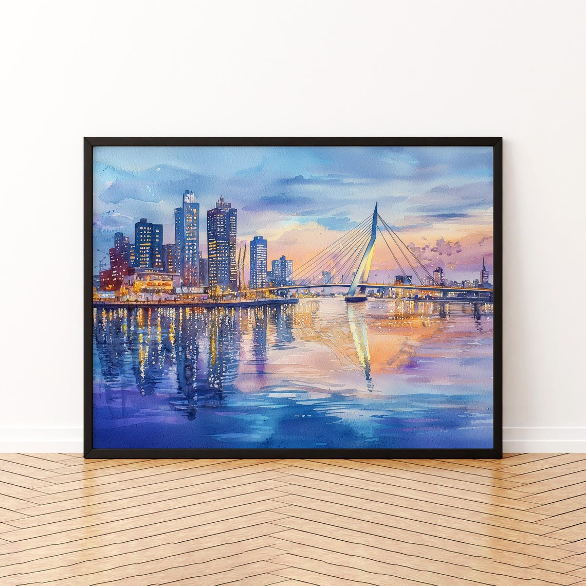 Rotterdam Netherlands Erasmus Bridge Dusk Skyline Watercolor Poster