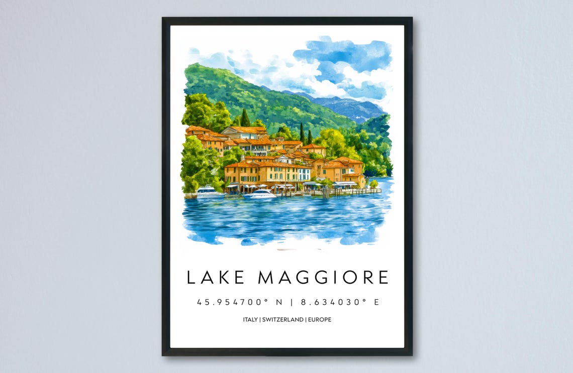 Lake Maggiore Waterfront Watercolor Italian Lakeside Town Poster