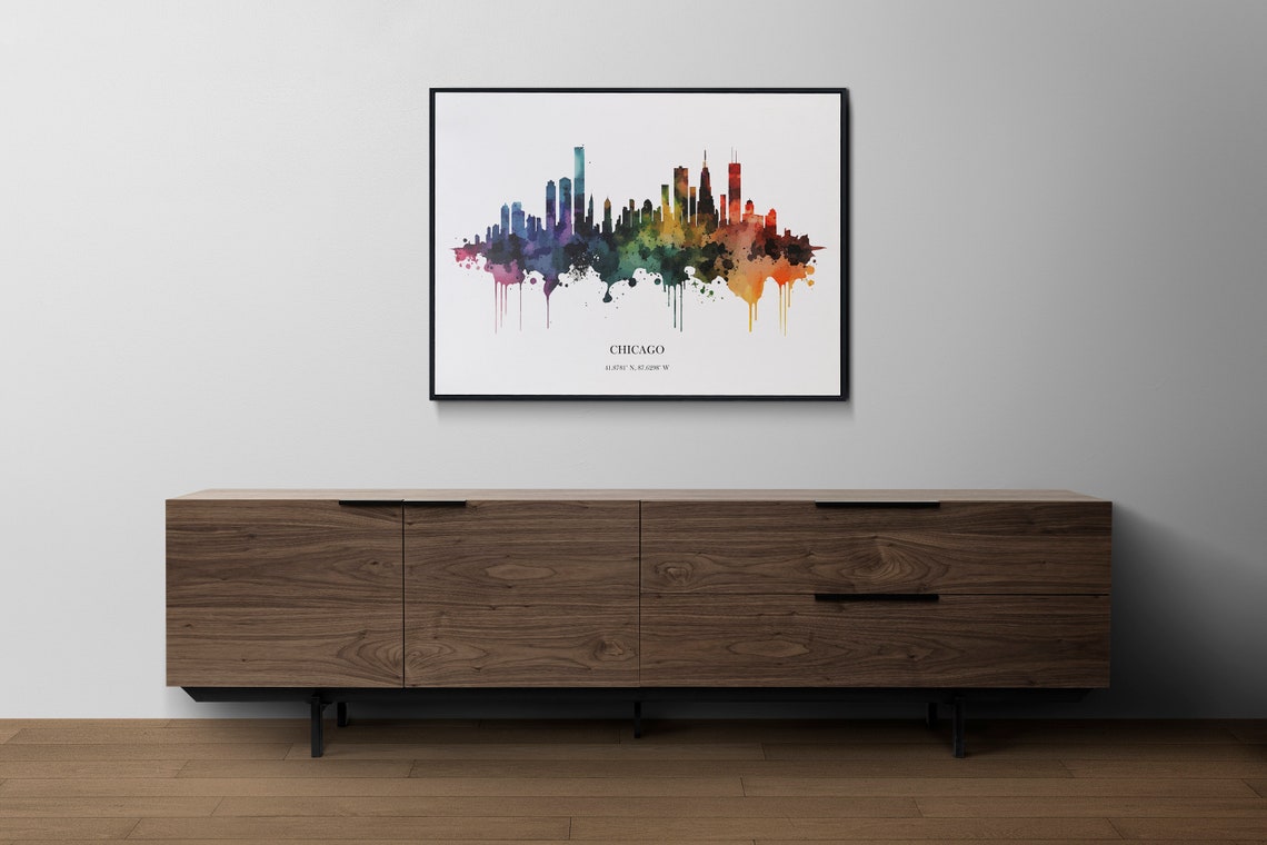 Chicago Watercolor Skyline Poster with Rainbow City Coordinates - Image 2