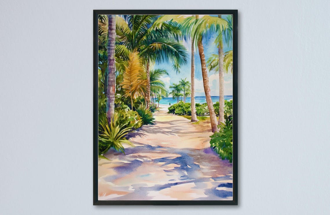 Palm Tree Lined Path Beach Ocean Watercolor Tropical Art Poster