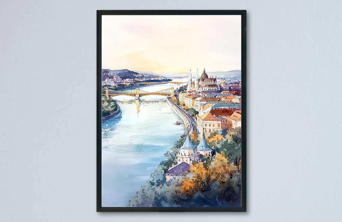 Danube River Budapest Parliament Bridges Europe Watercolor Poster