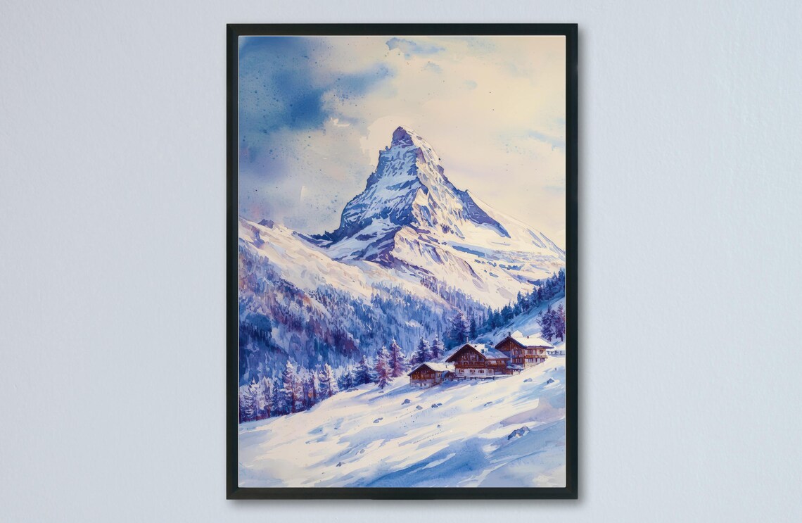 Matterhorn Snowy Alpine Peak Swiss Chalet Watercolor Travel Poster