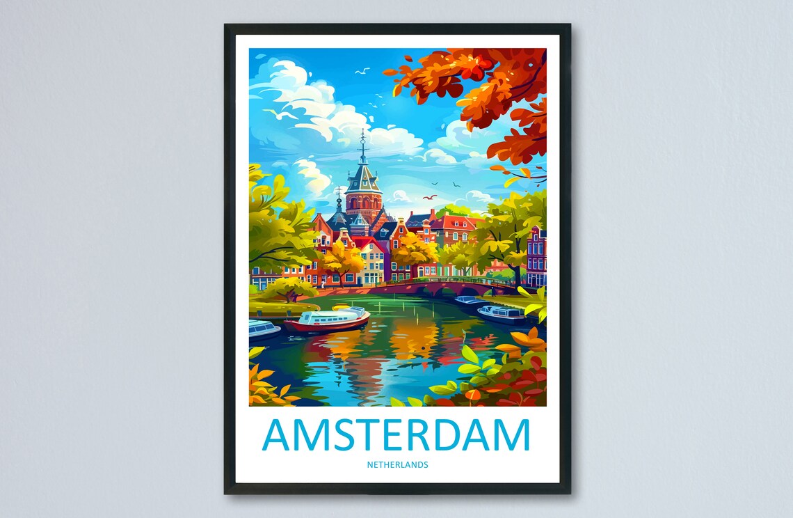 Amsterdam Netherlands Autumn Canal Minimalist Travel Poster Art