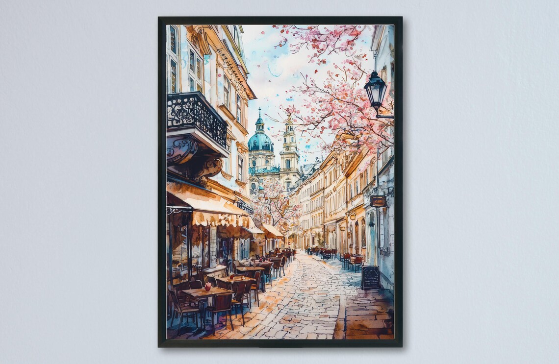 Vienna Old Town Cafe Street Spring Watercolor European Art Print
