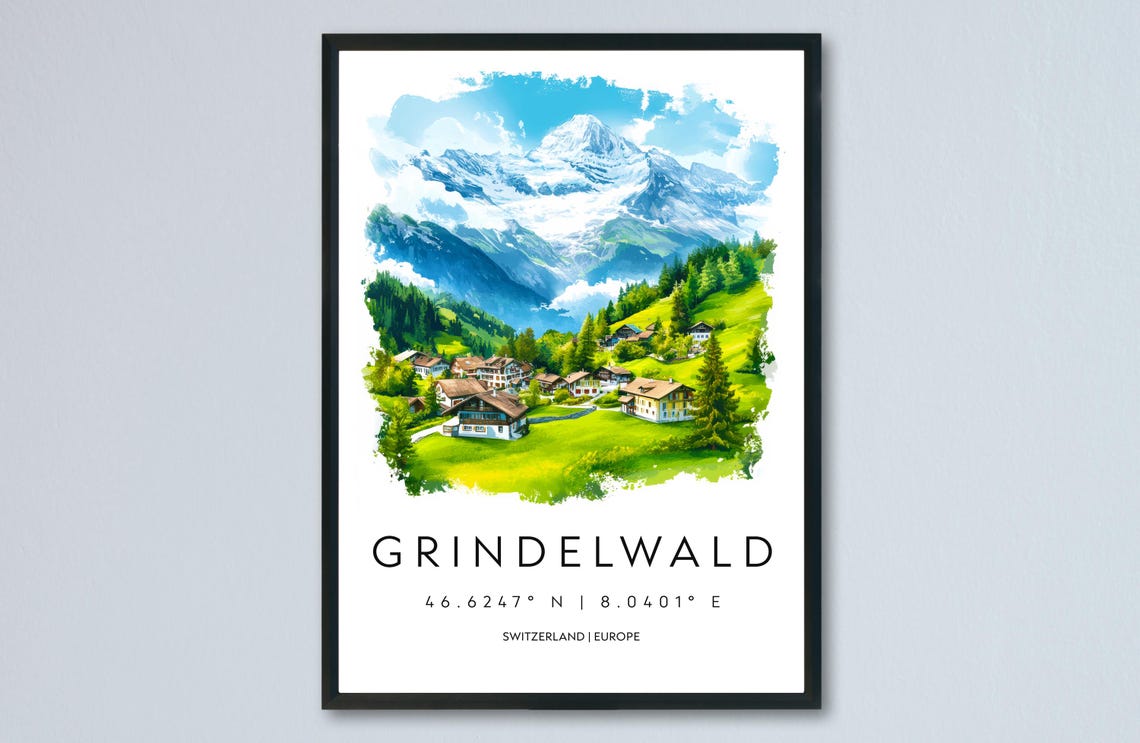 Grindelwald Switzerland Village Beneath Peaks Watercolor Poster