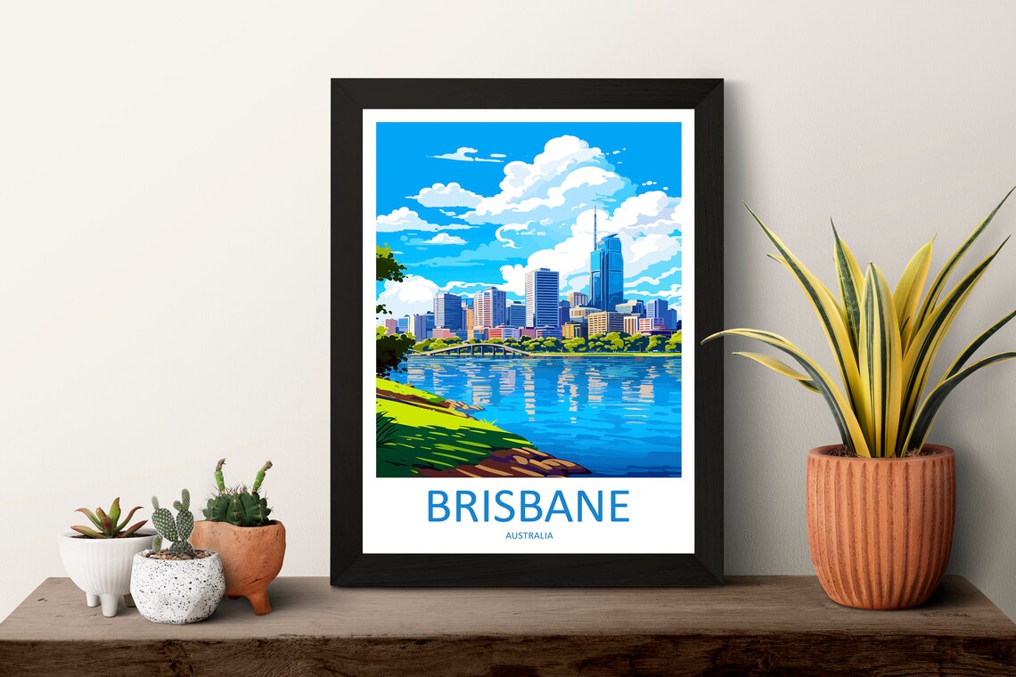 Brisbane Australia Skyline Over River Vintage Style Travel Poster - Image 3