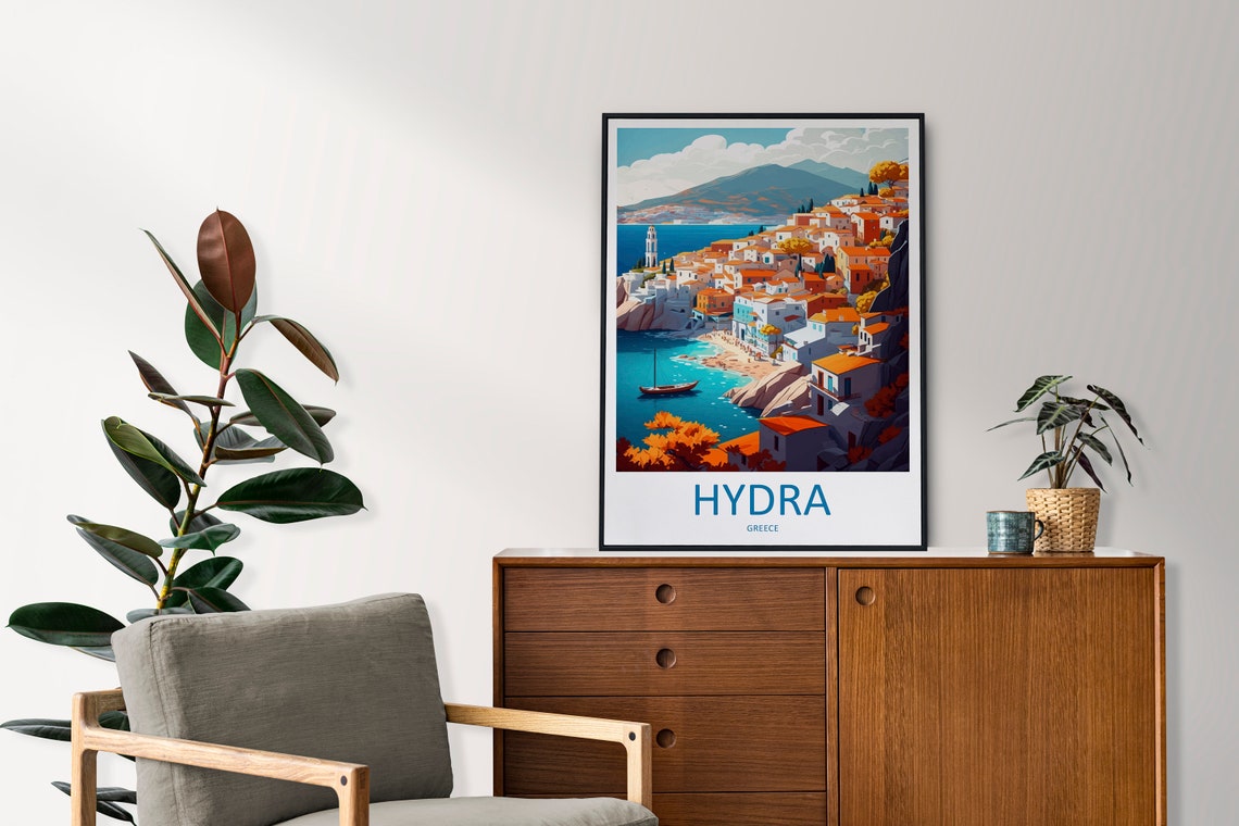 Hydra Greece Whitewashed Hillside Town Harbor Sailboat View Poster - Image 2