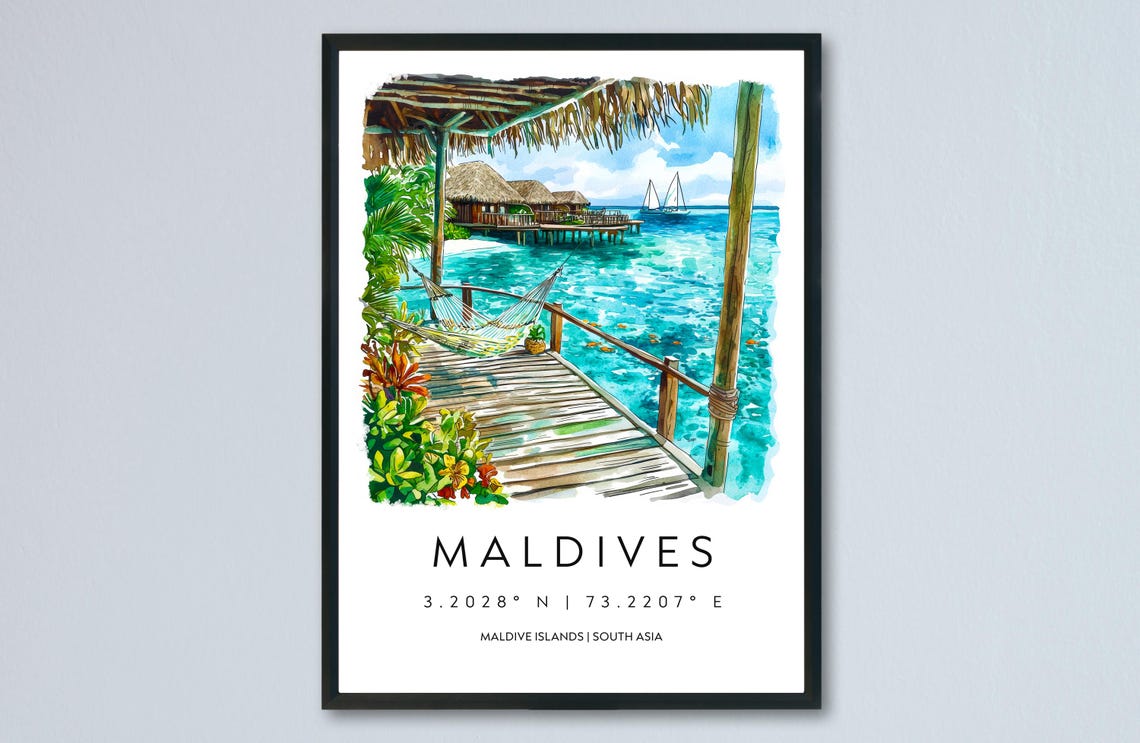 Maldives Watercolor Travel Poster Overwater Bungalow With Hammock Deck