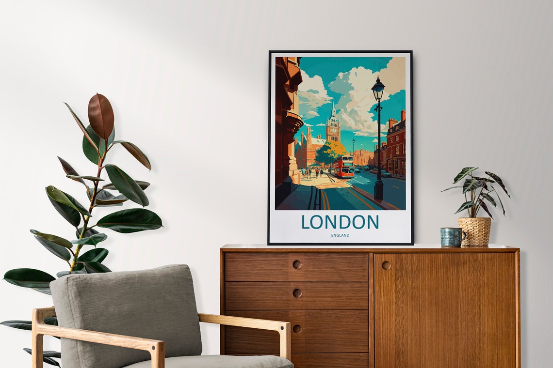 London England Red Double Decker Bus Big Ben Street Scene Poster - Image 2