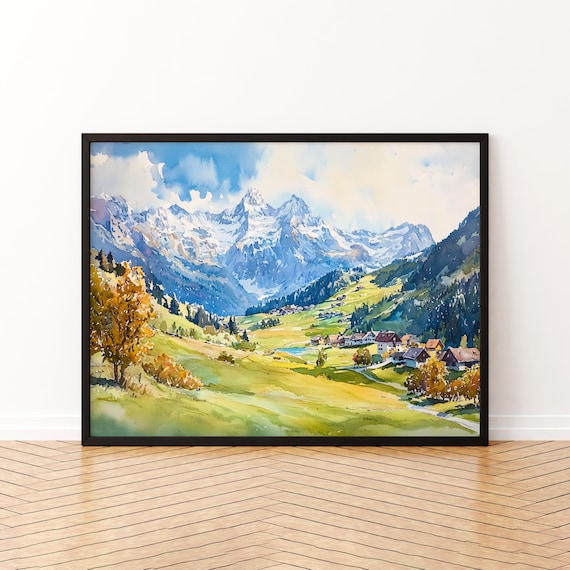 Engelberg Switzerland Alpine Valley Snow Peaks Watercolor Poster