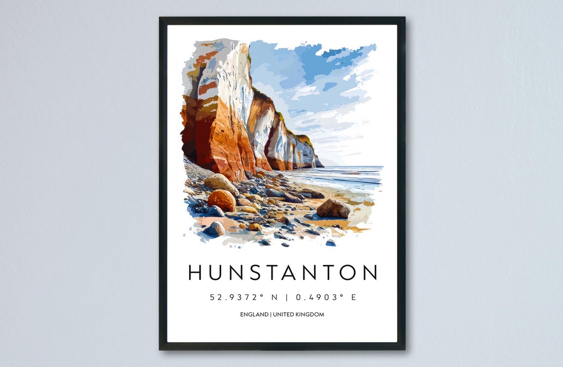 Hunstanton England Watercolor Red Cliffs Beach Art Travel Print