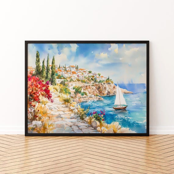 Rhodes Watercolor Poster Landscape Wall Art Hanging Home Dcor Gift Lovers Greece