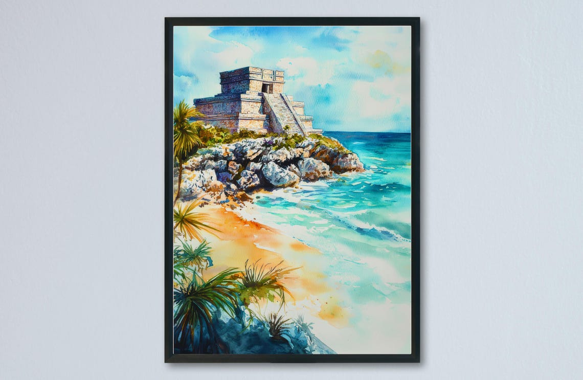 Riviera Maya Watercolor Mayan Ruins Tulum Mexico Coast Poster