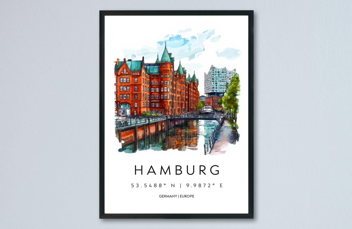 Hamburg Watercolor Germany Speicherstadt Canal District Travel Poster