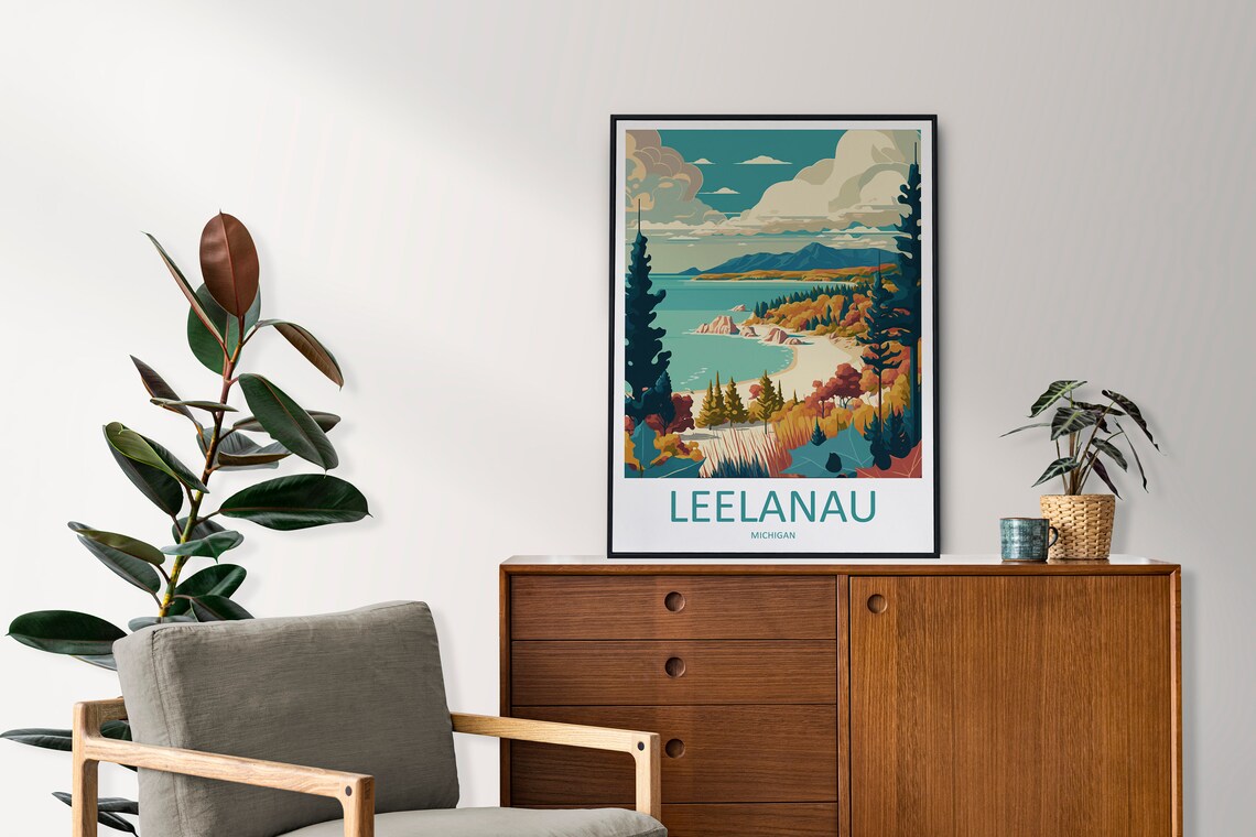 Leelanau Michigan Autumn Lakeshore Scenic Vintage Travel Poster - Image 2