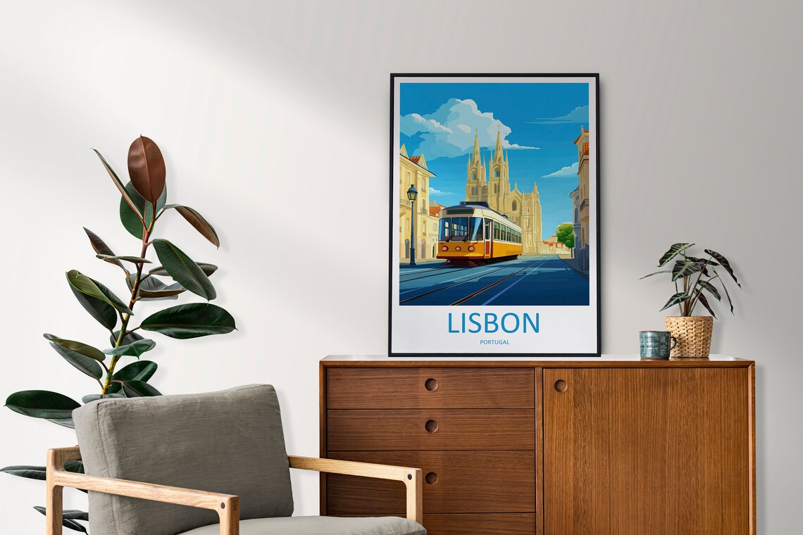Lisbon Portugal Modern Tram Church Square Travel Poster Artwork - Image 2