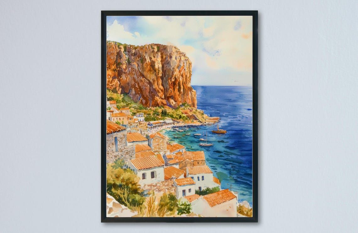 Monemvasia Greece Watercolor Cliff Town Poster Coastal Fortress